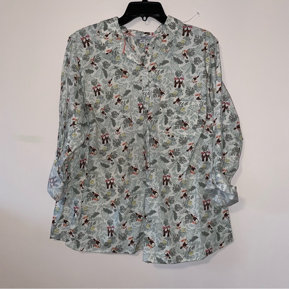 Croft & Barrow Tropical Toucan Button Up Roll Tab Sleeve Shirt Size 2X
